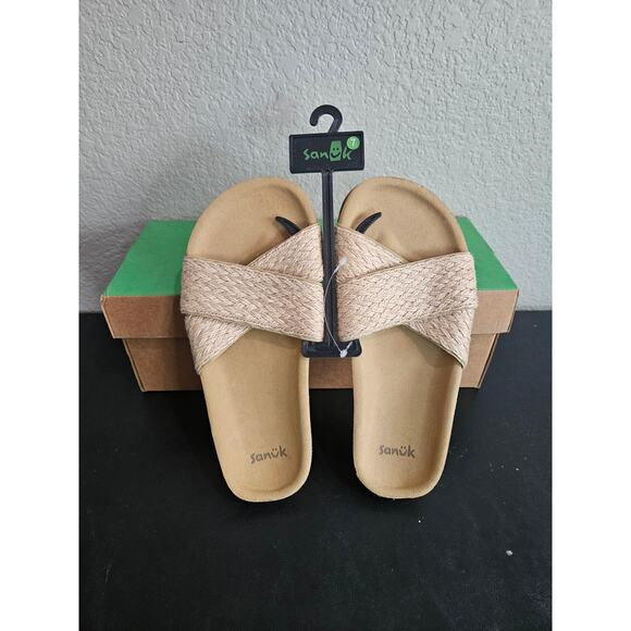 Sanuk Womens Size 7 Vegan Sandals She Cruzy Jute Natural Sand Tan Woven Slides - Picture 1 of 5